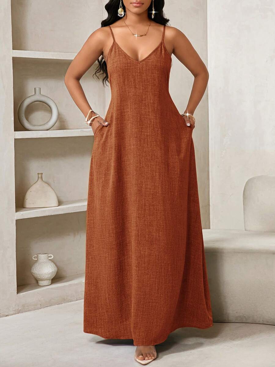Vestido Maxi de Alças com Estampa Geométrica e Bolsos - La Lecce