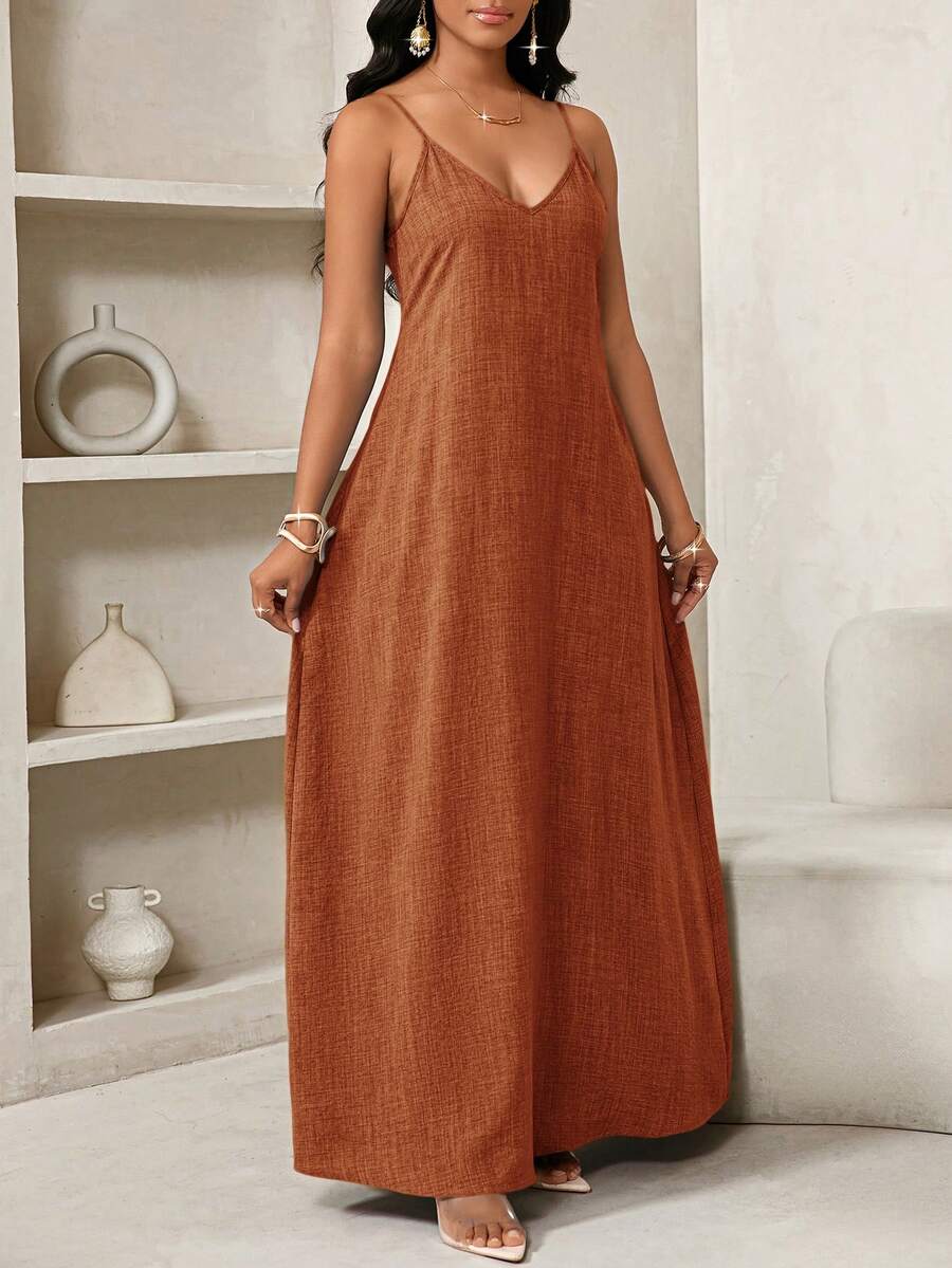 Vestido Maxi de Alças com Estampa Geométrica e Bolsos - La Lecce