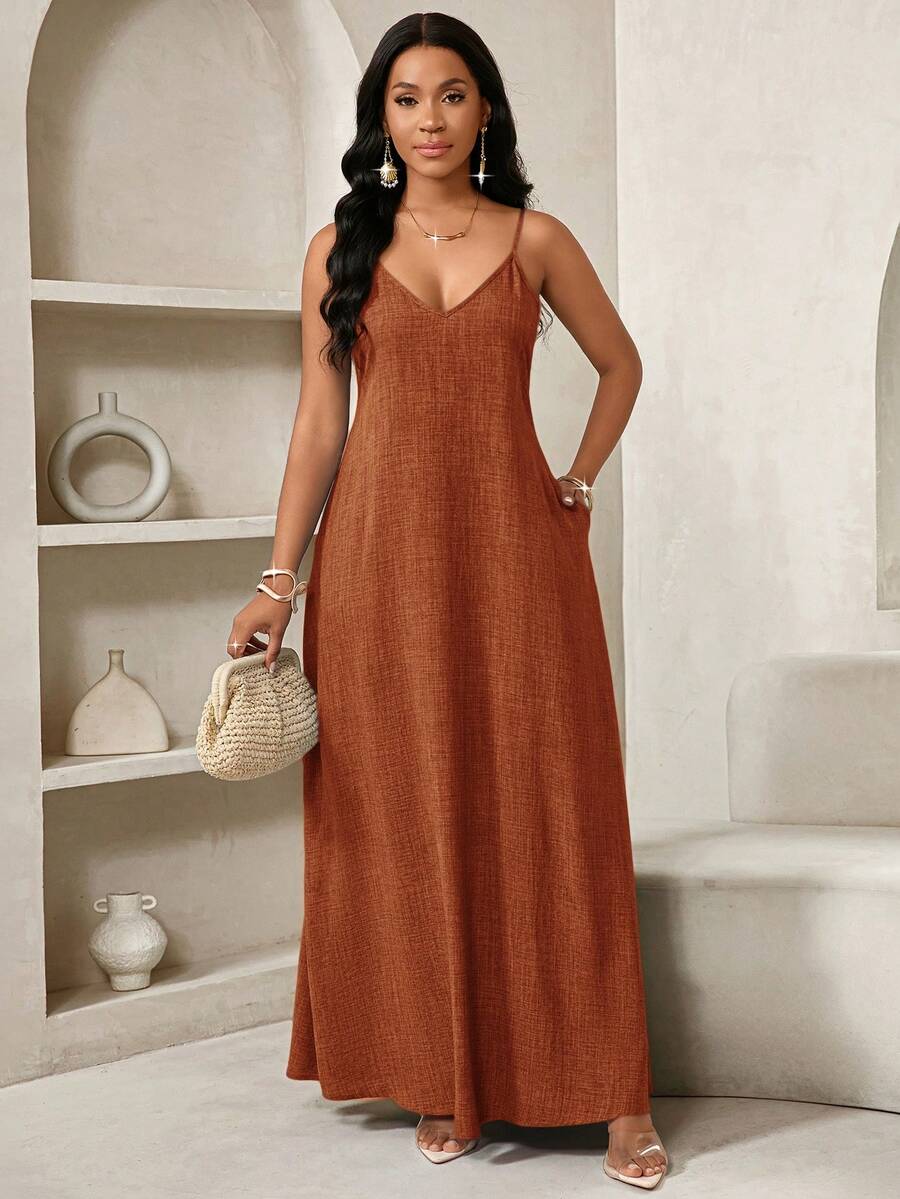 Vestido Maxi de Alças com Estampa Geométrica e Bolsos - La Lecce