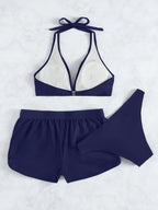 Conjunto de Biquíni Frente-Única com Tie Back e Caleçon 3 Peças