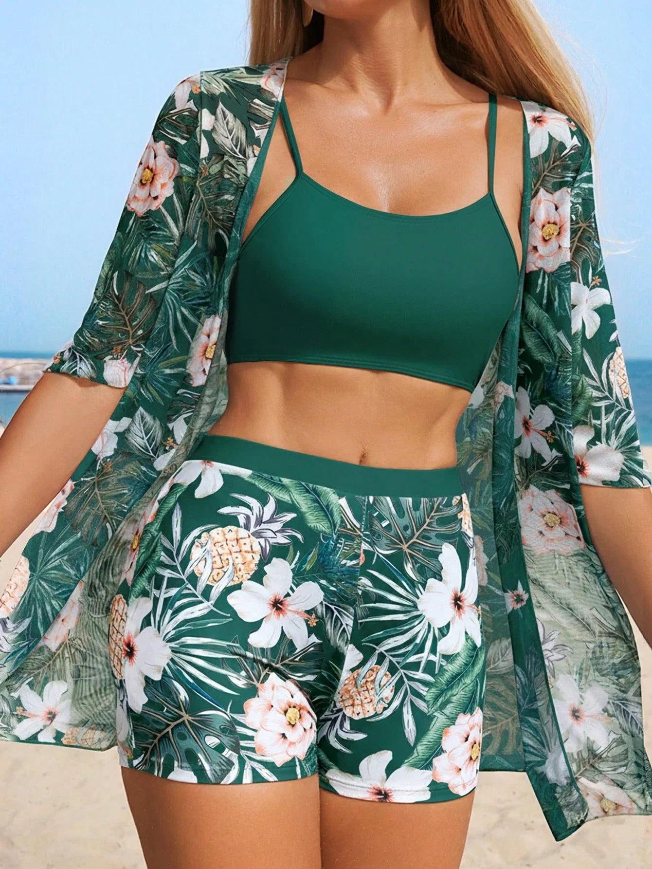 Conjunto de Biquíni 3 Peças Estampa Tropical