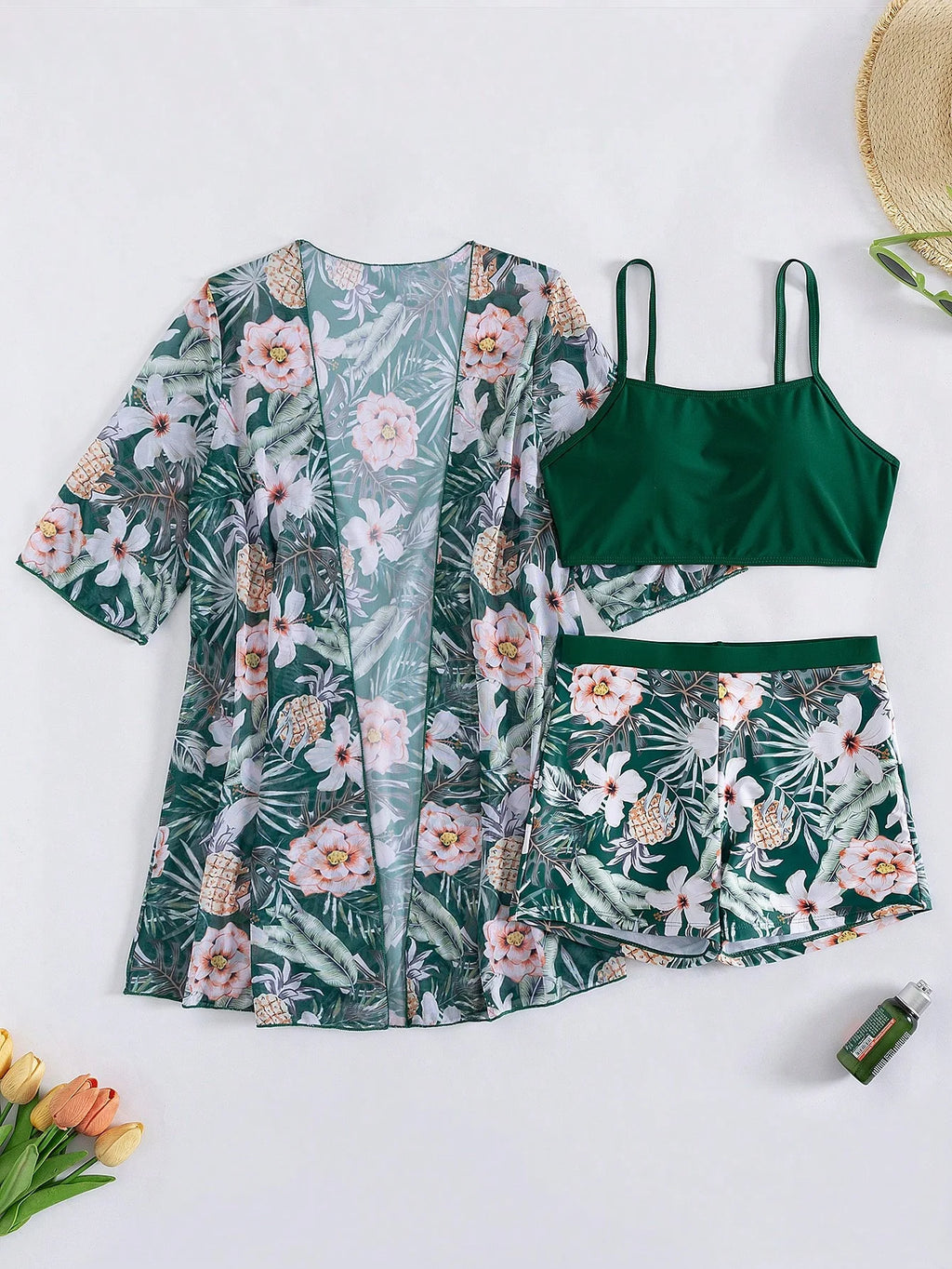Conjunto de Biquíni 3 Peças Estampa Tropical