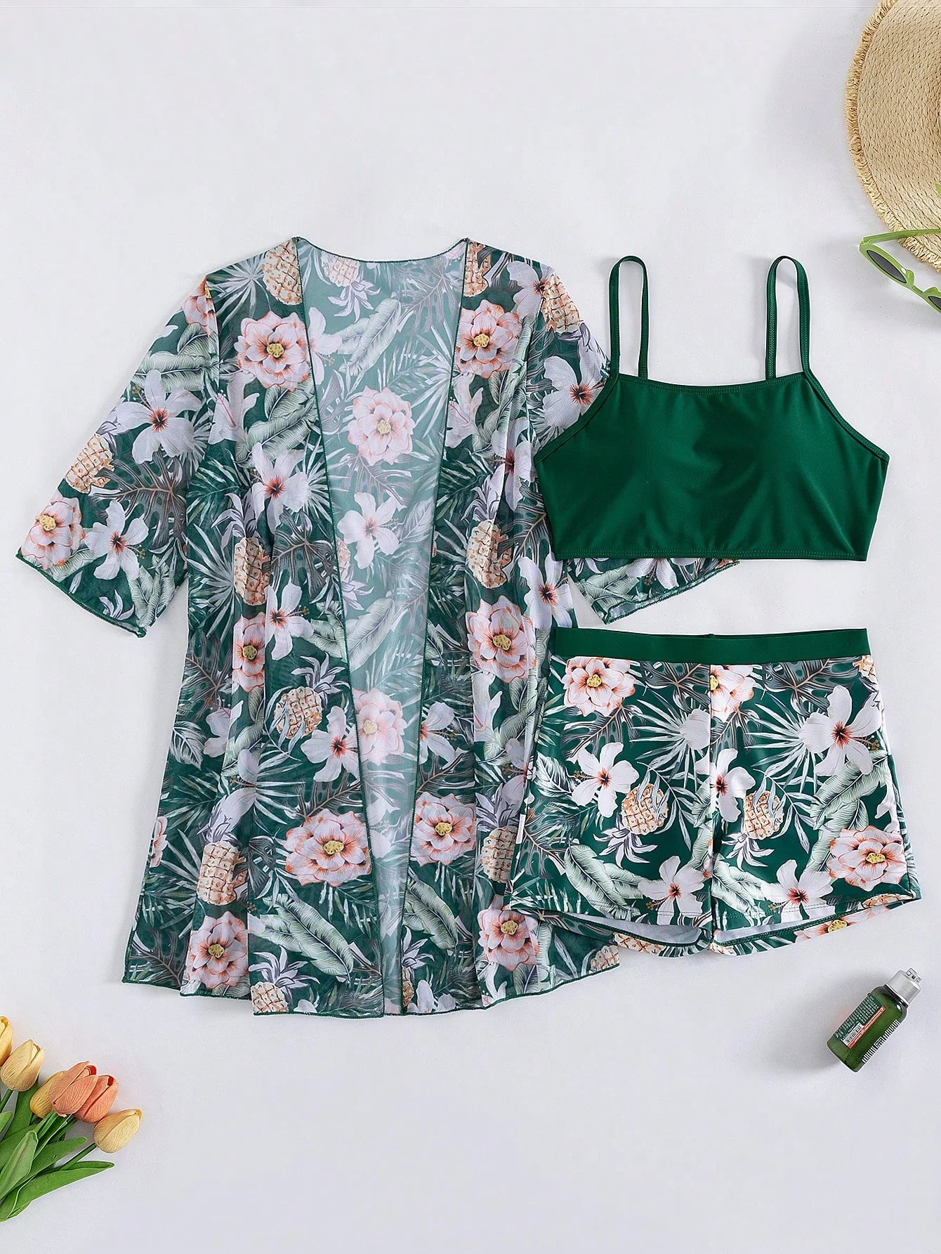 Conjunto de Biquíni 3 Peças Estampa Tropical