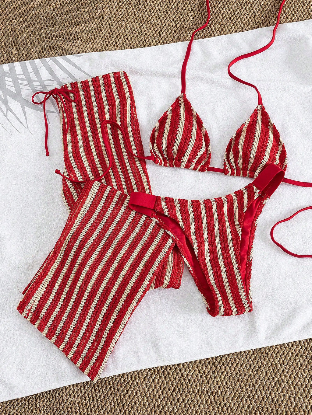 Conjunto de Biquíni 3 Peças Listrado com Top Frente-Única
