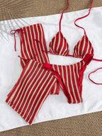 Conjunto de Biquíni 3 Peças Listrado com Top Frente-Única
