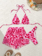 Conjunto de Biquíni 3 Peças Halter Estampa Ondas