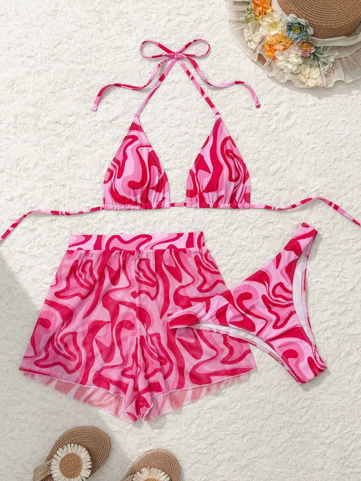 Conjunto de Biquíni 3 Peças Halter Estampa Ondas