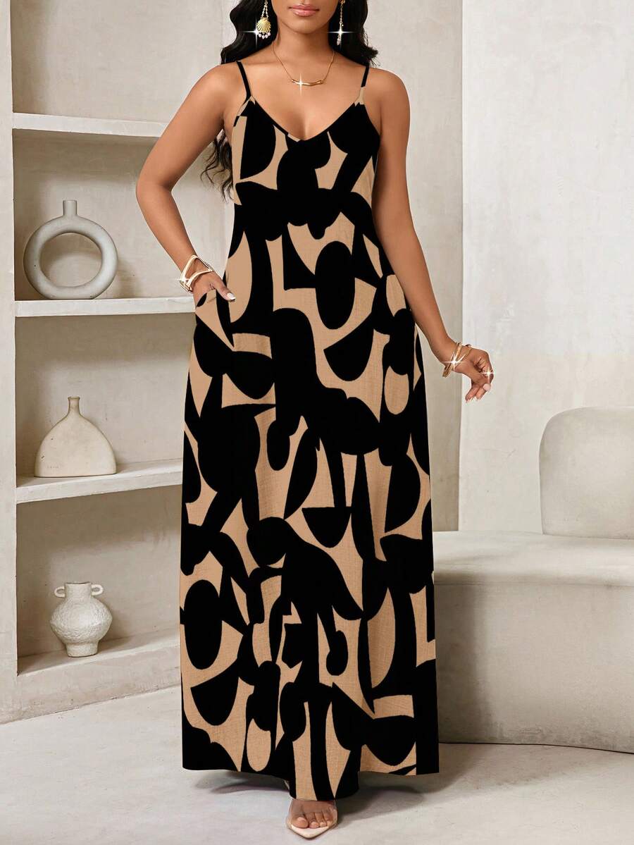 Vestido Maxi de Alças com Estampa Geométrica e Bolsos - La Lecce