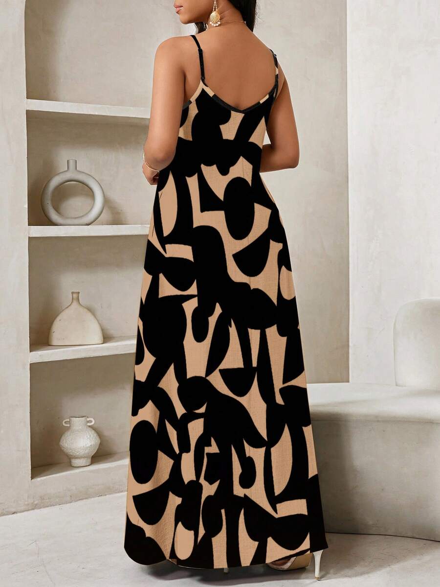 Vestido Maxi de Alças com Estampa Geométrica e Bolsos - La Lecce