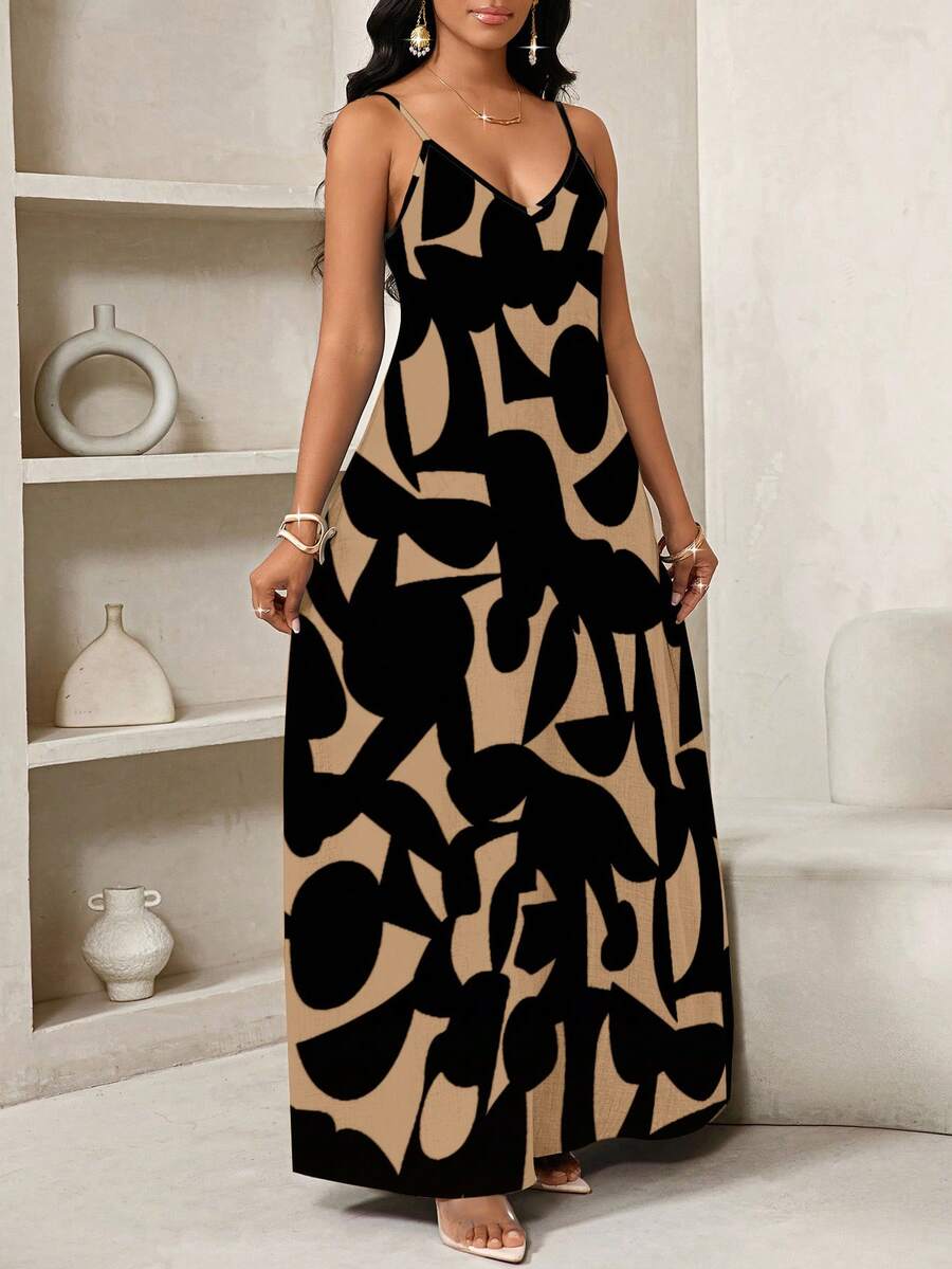 Vestido Maxi de Alças com Estampa Geométrica e Bolsos - La Lecce