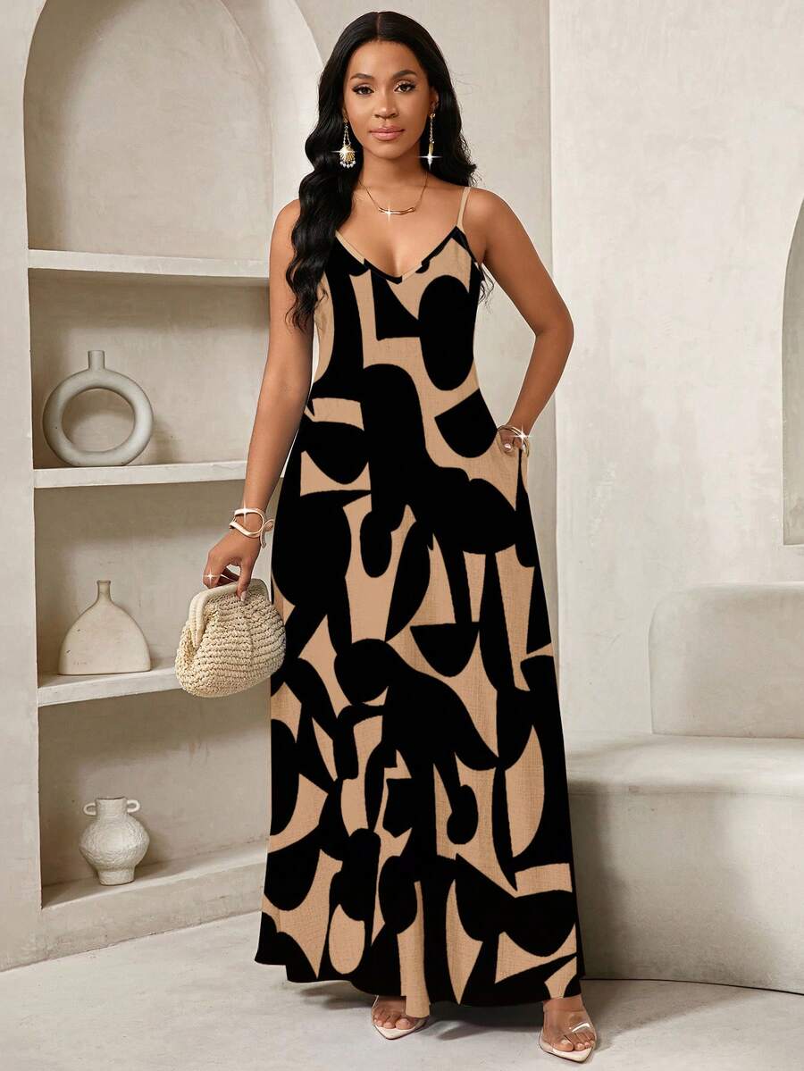 Vestido Maxi de Alças com Estampa Geométrica e Bolsos