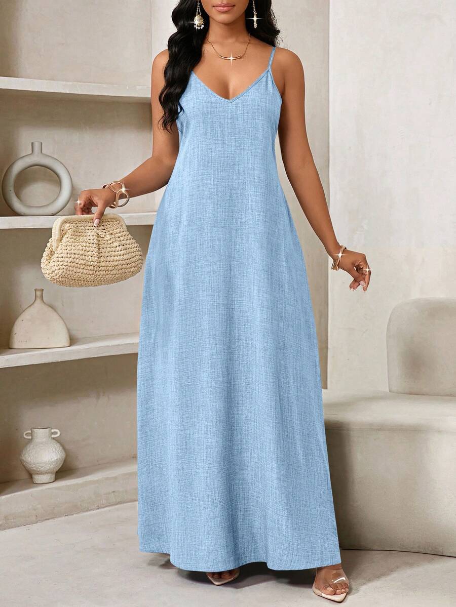 Vestido Maxi de Alças com Estampa Geométrica e Bolsos