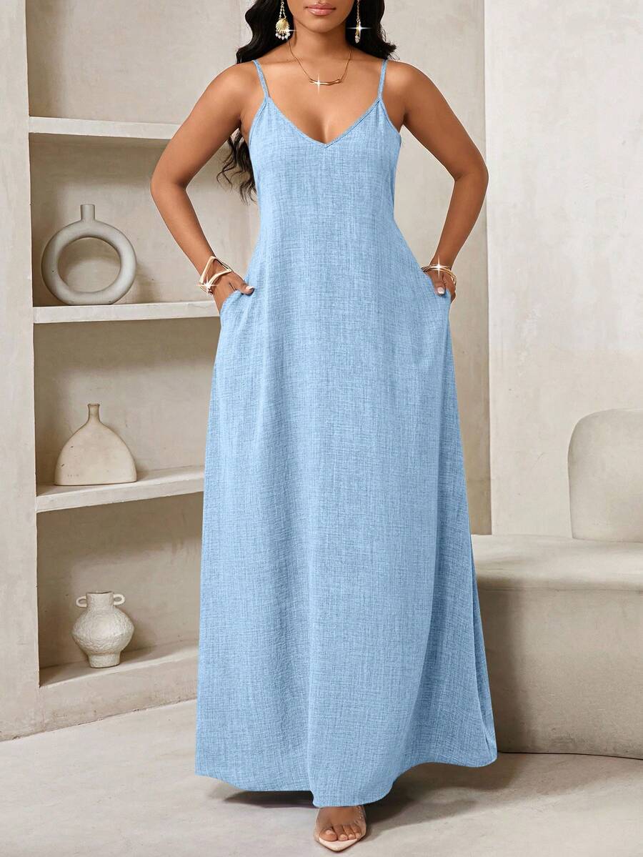 Vestido Maxi de Alças com Estampa Geométrica e Bolsos