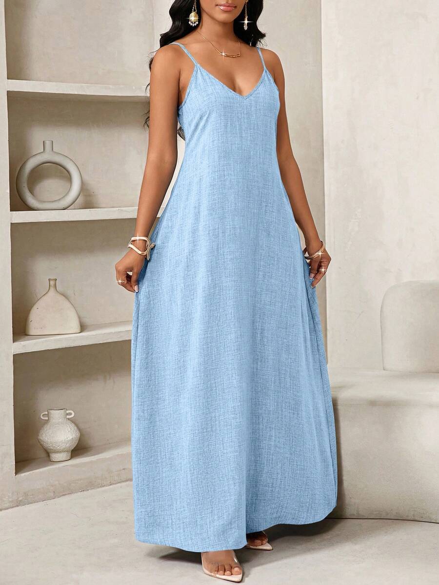 Vestido Maxi de Alças com Estampa Geométrica e Bolsos