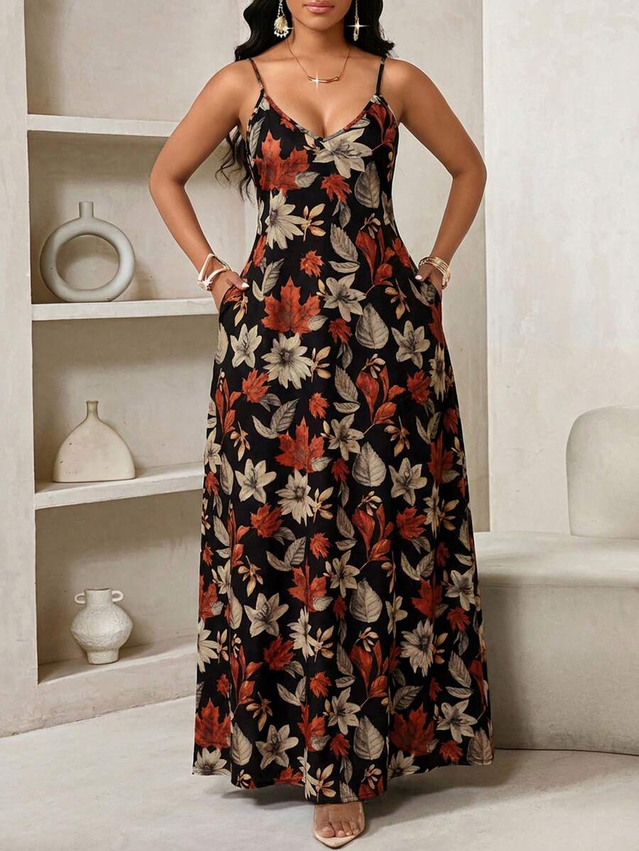 Vestido Maxi de Alças com Estampa Geométrica e Bolsos