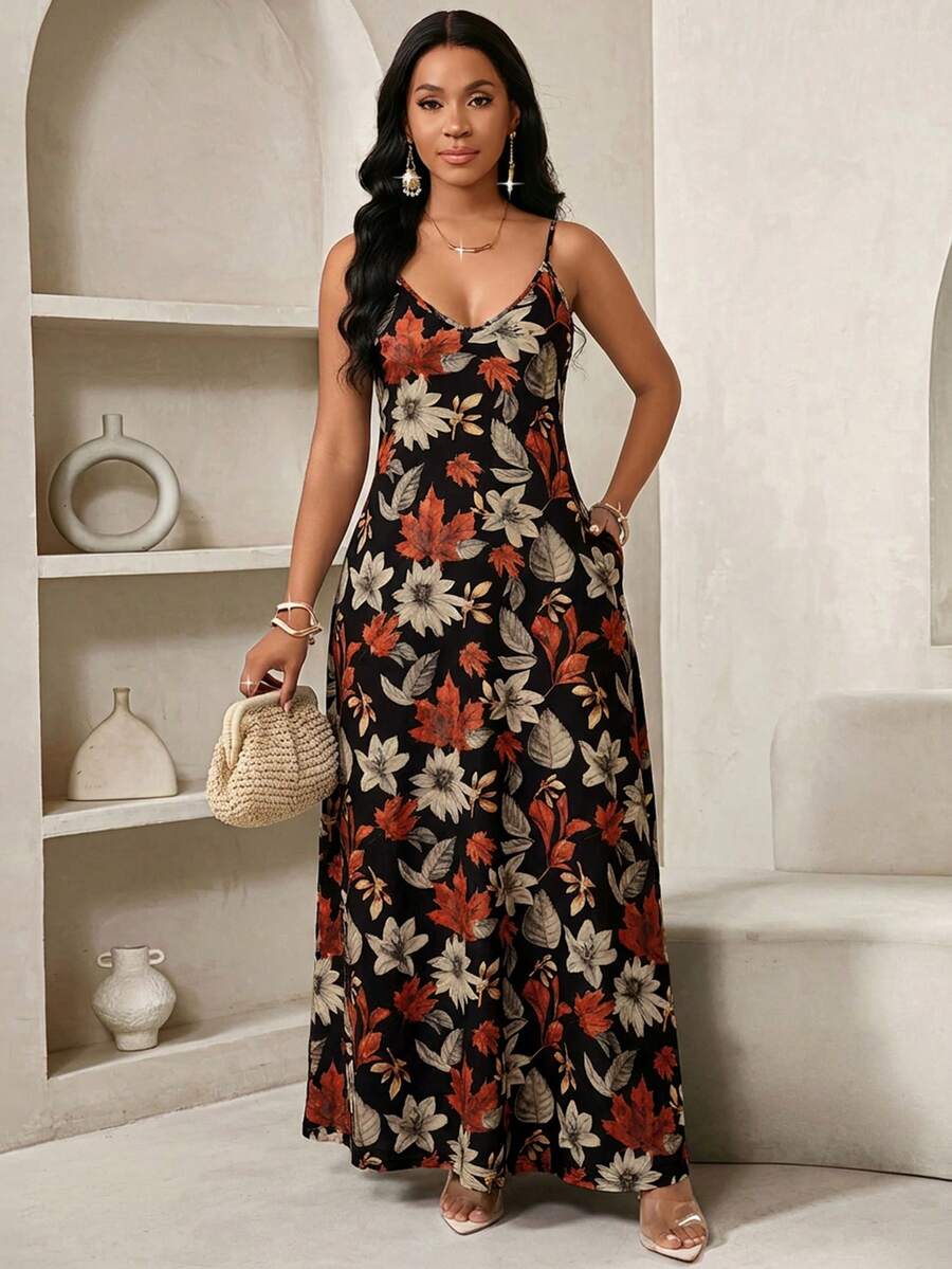 Vestido Maxi de Alças com Estampa Geométrica e Bolsos