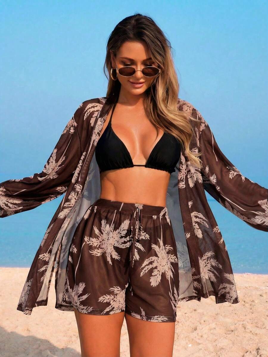 Conjunto de Praia 3 Peças com Kimono de Tela e Shorts Estampados