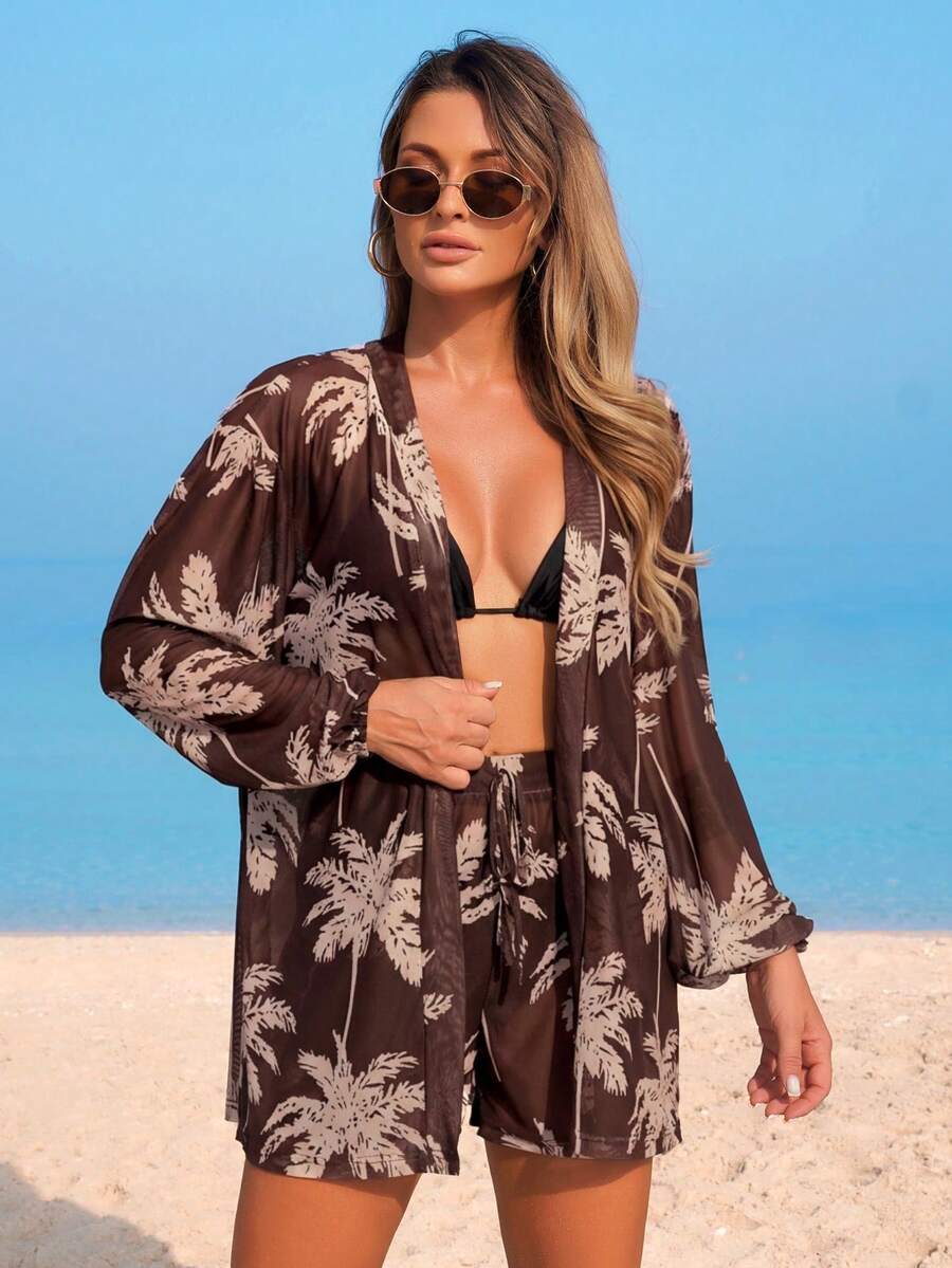 Conjunto de Praia 3 Peças com Kimono de Tela e Shorts Estampados