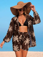 Conjunto de Praia 3 Peças com Kimono de Tela e Shorts Estampados
