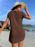 Saída de Praia Tricô Vazada Gola Redonda Manga Curta