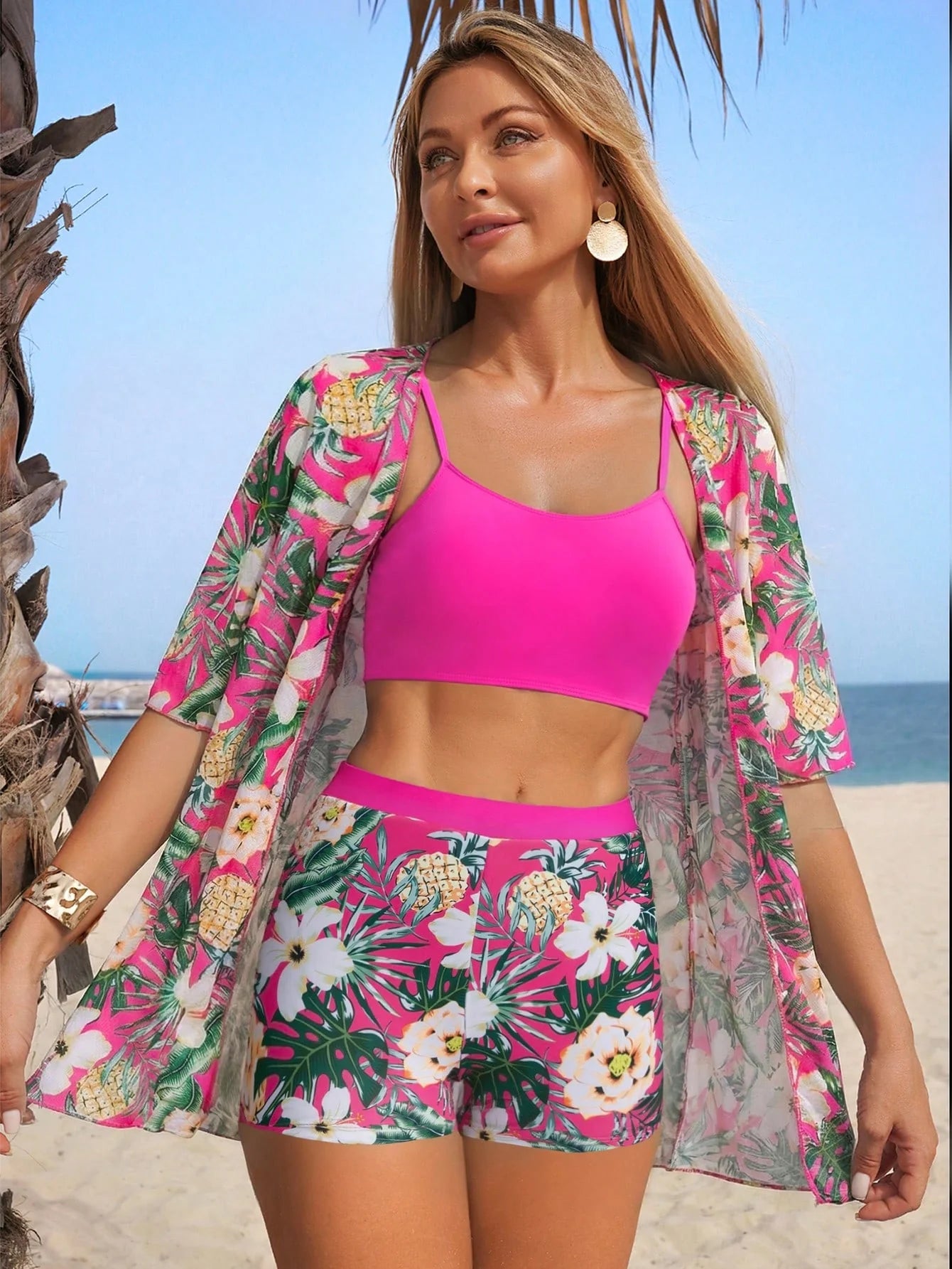 Conjunto de Biquíni 3 Peças Estampa Tropical