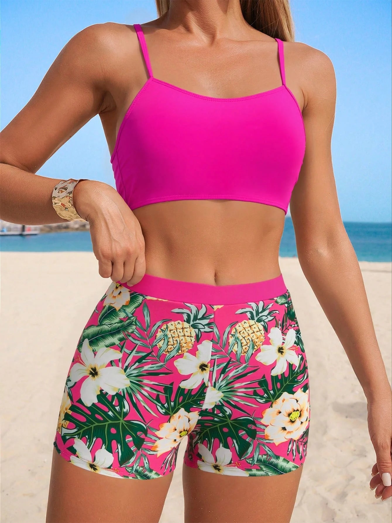 Conjunto de Biquíni 3 Peças Estampa Tropical