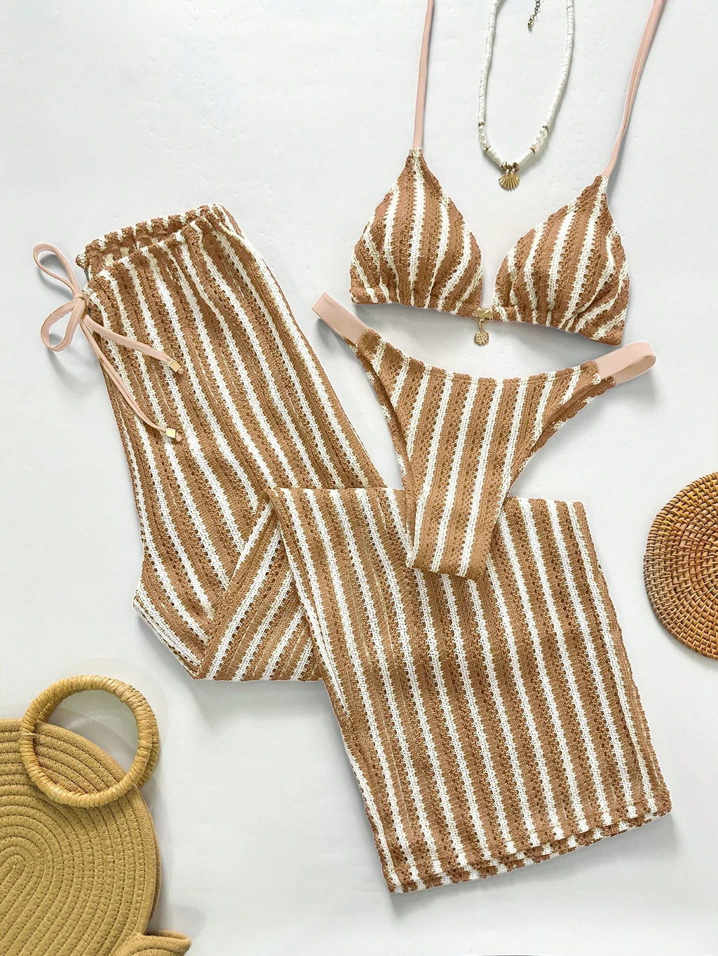 Conjunto de Biquíni Triangular com Top Longo 3 Peças