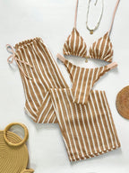Conjunto de Biquíni Triangular com Top Longo 3 Peças