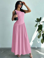 Vestido Maxi de Malha com Gola Redonda e Costas Abertas