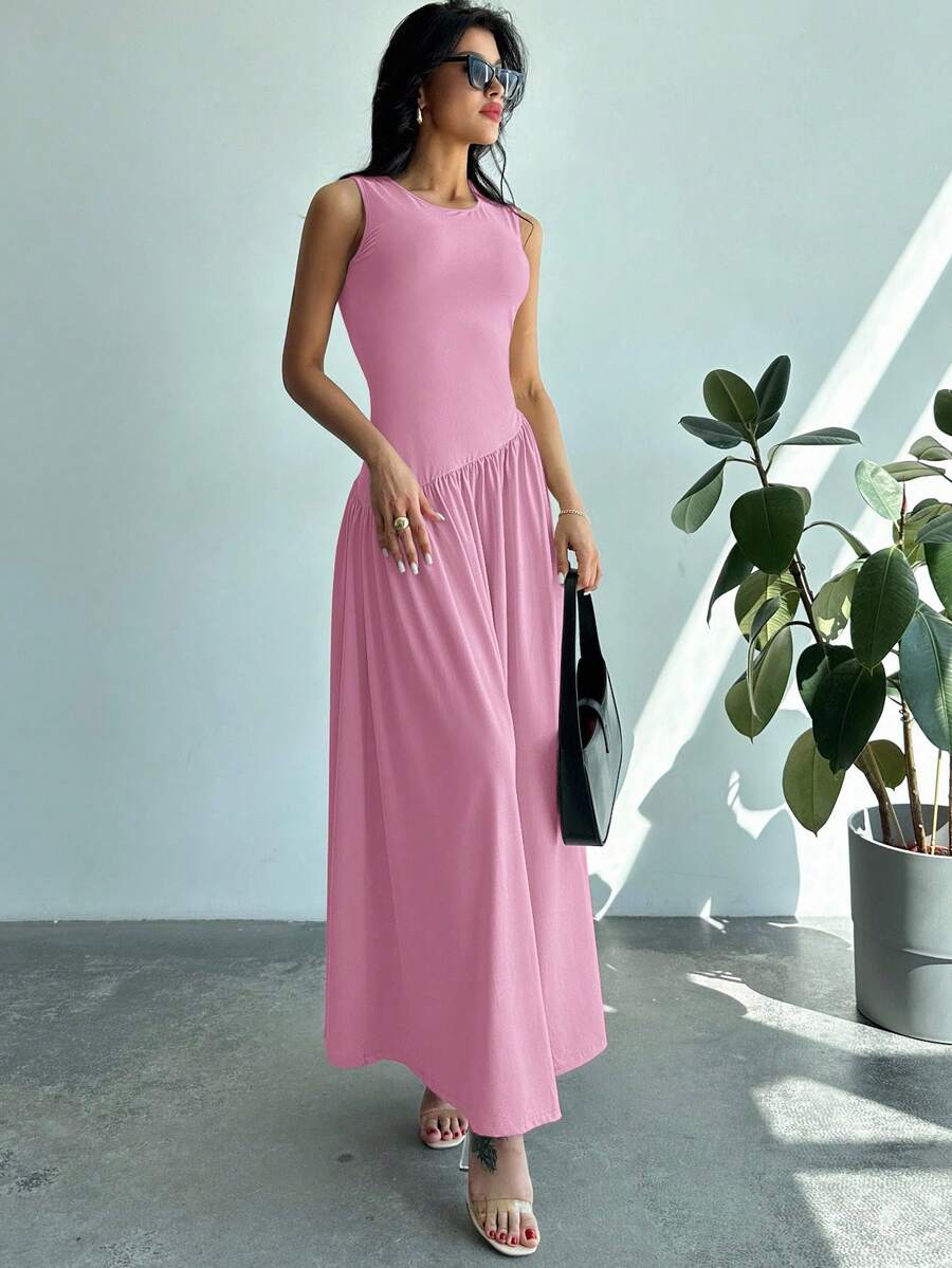 Vestido Maxi de Malha com Gola Redonda e Costas Abertas