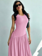 Vestido Maxi de Malha com Gola Redonda e Costas Abertas