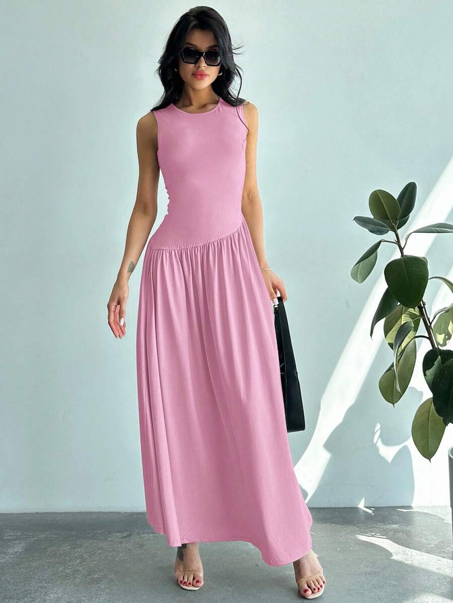Vestido Maxi de Malha com Gola Redonda e Costas Abertas