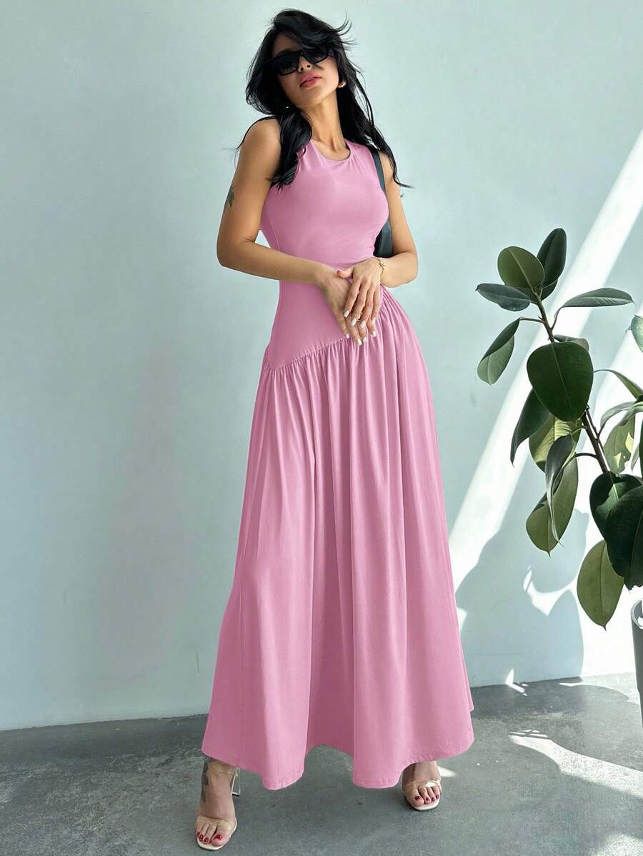 Vestido Maxi de Malha com Gola Redonda e Costas Abertas