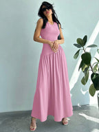 Vestido Maxi de Malha com Gola Redonda e Costas Abertas