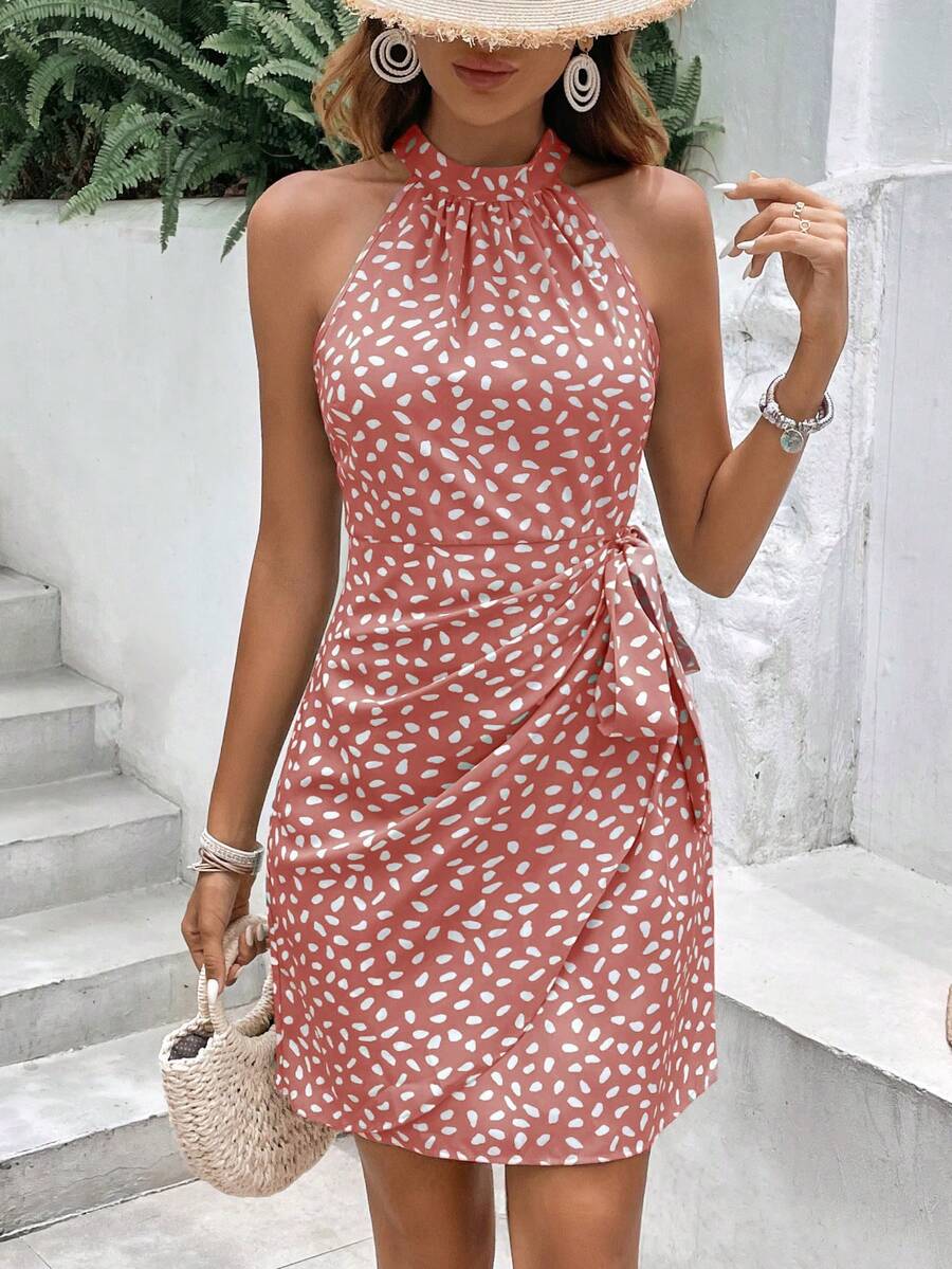Vestido Curto Estampado Frente Única com Nó e Bainha Assimétrica - La Lecce