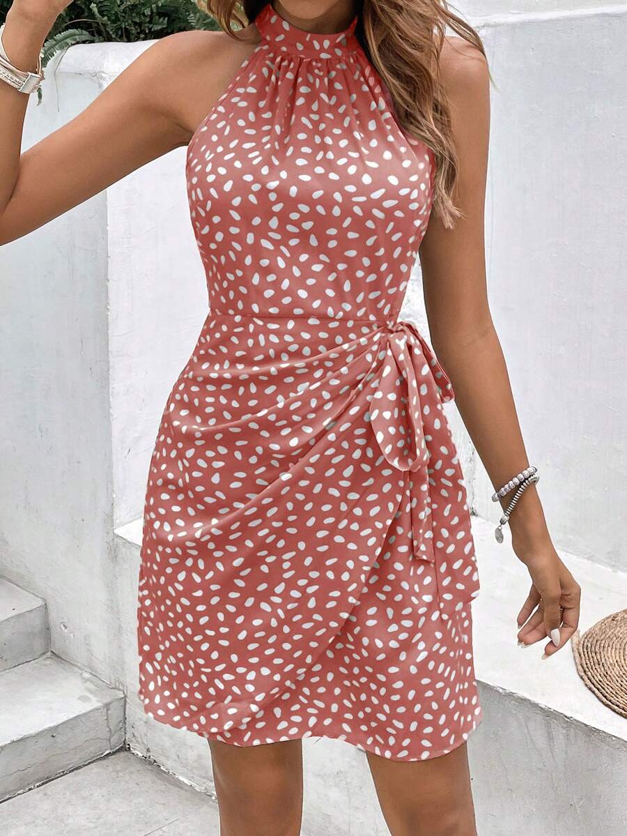 Vestido Curto Estampado Frente Única com Nó e Bainha Assimétrica - La Lecce