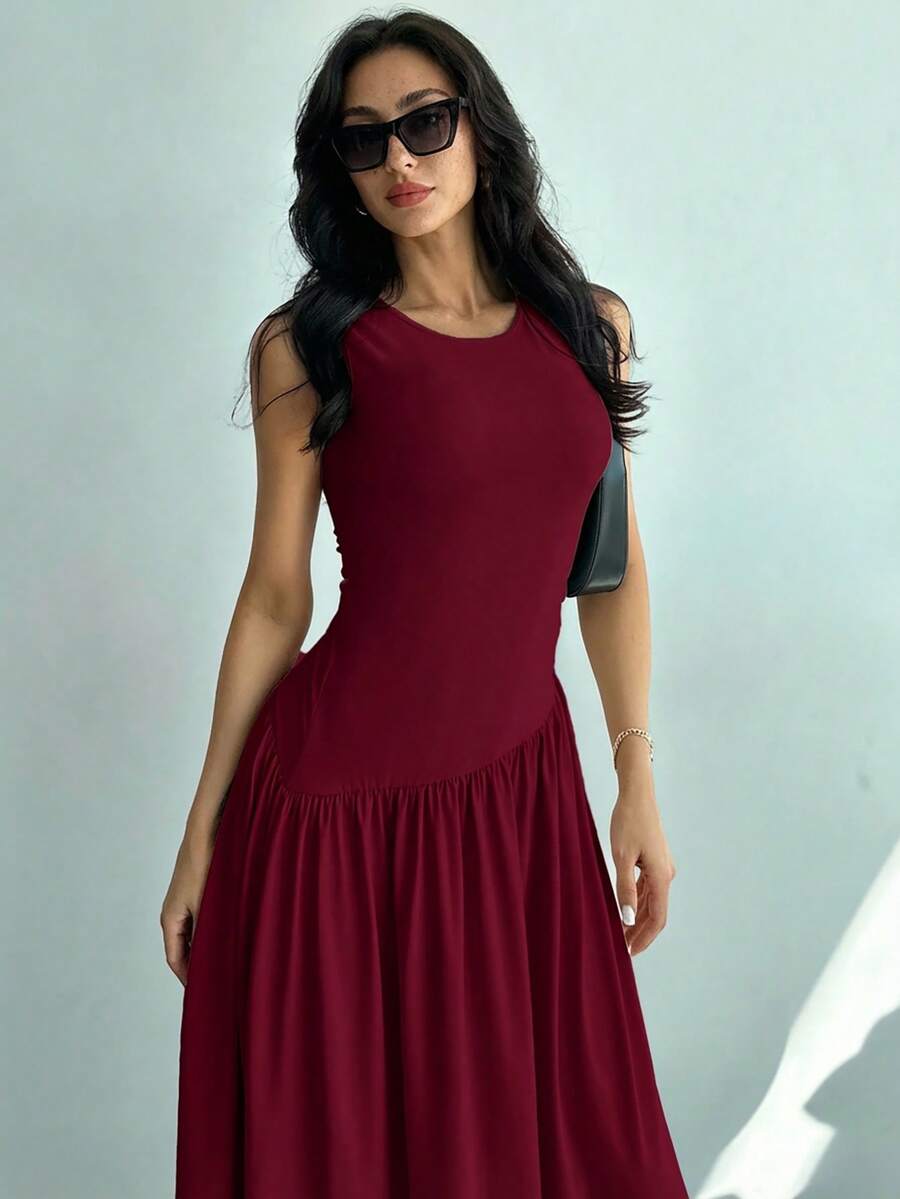 Vestido Maxi de Malha com Gola Redonda e Costas Abertas