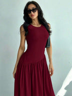 Vestido Maxi de Malha com Gola Redonda e Costas Abertas