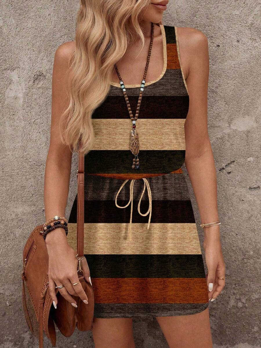 Vestido Curto Listrado com Decote U e Costas Abertas - La Lecce