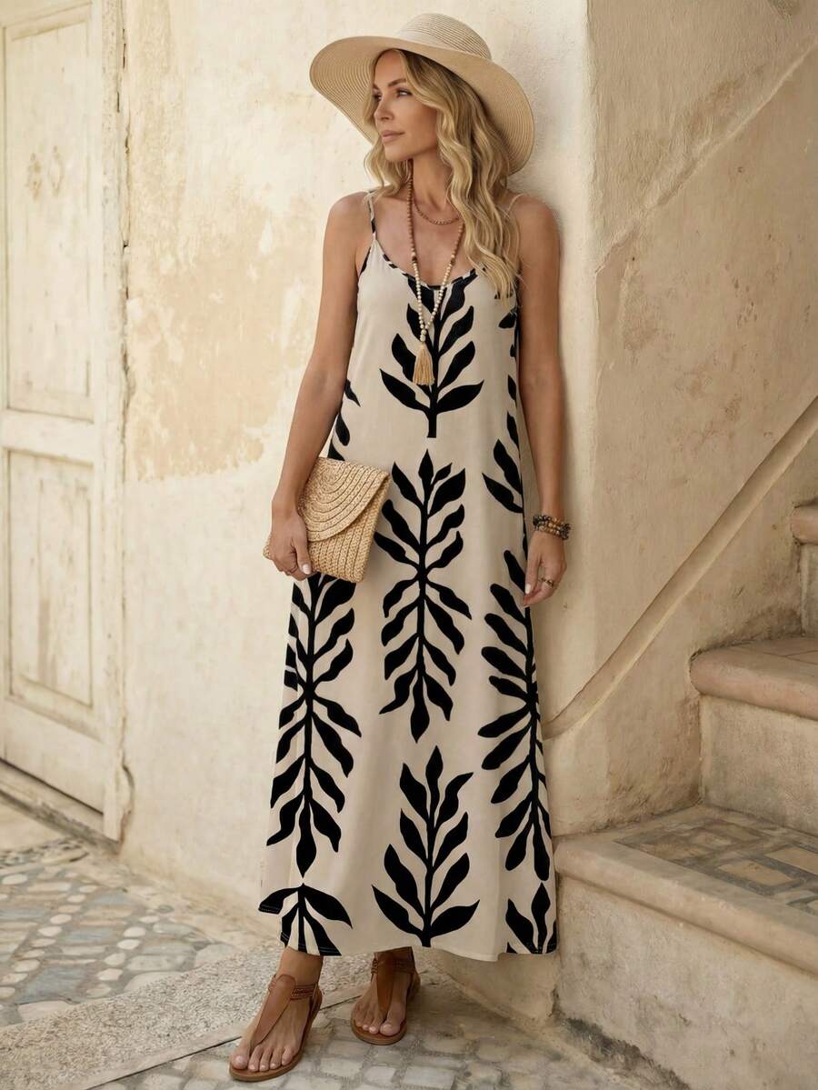 Vestido Longo de Malha com Estampa de Folhas de Coqueiro - La Lecce