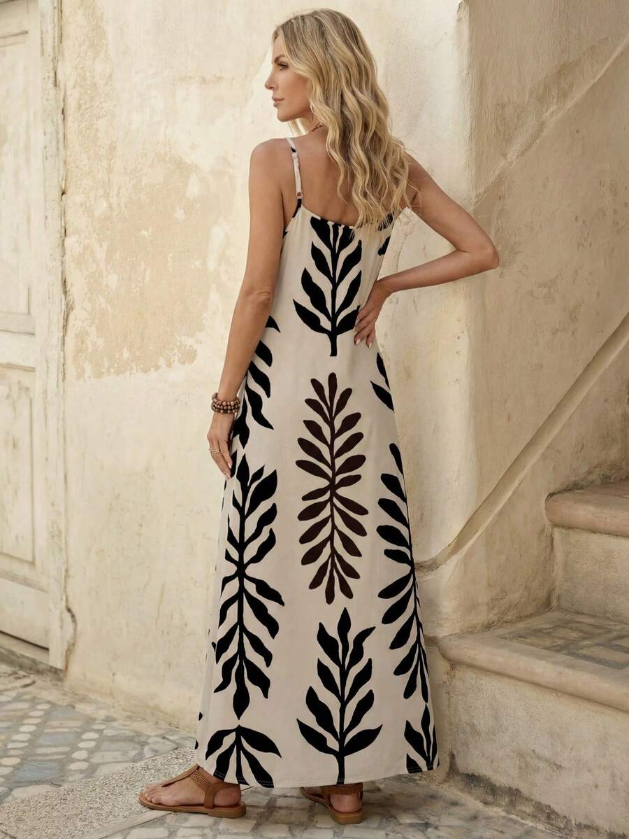 Vestido Longo de Malha com Estampa de Folhas de Coqueiro - La Lecce