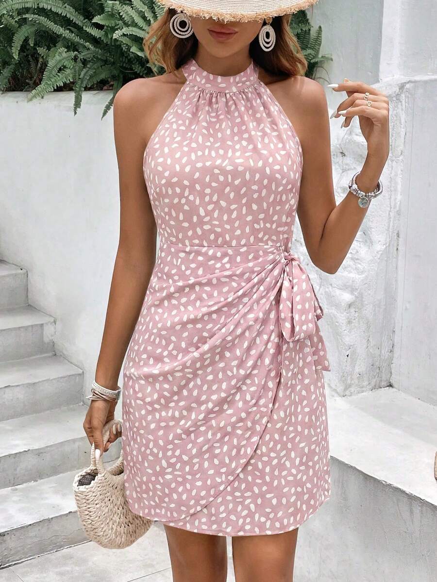 Vestido Curto Estampado Frente Única com Nó e Bainha Assimétrica - La Lecce