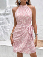 Vestido Curto Estampado Frente Única com Nó e Bainha Assimétrica - La Lecce
