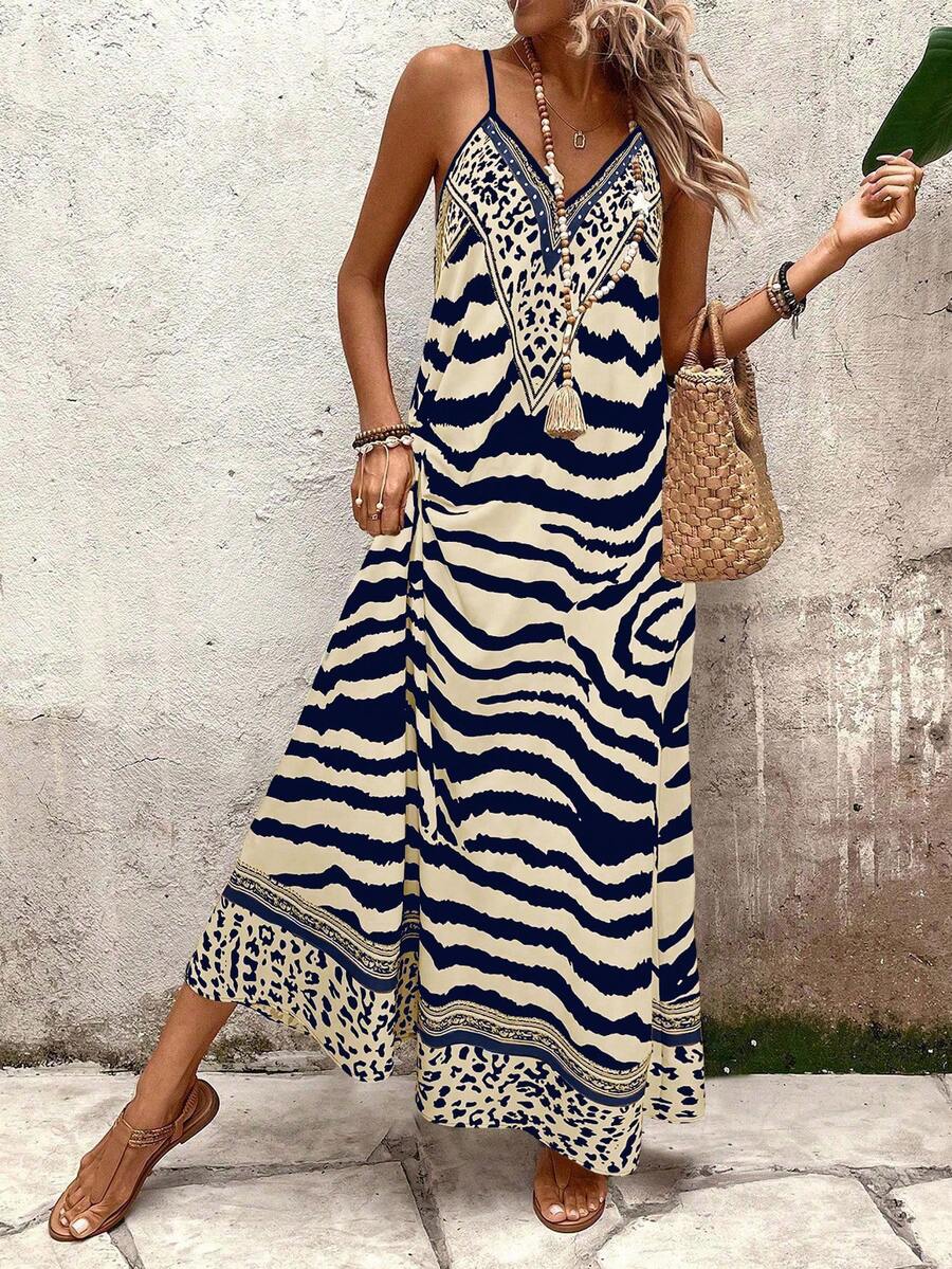 Vestido Longo Estampa de Onça com Alças Finas