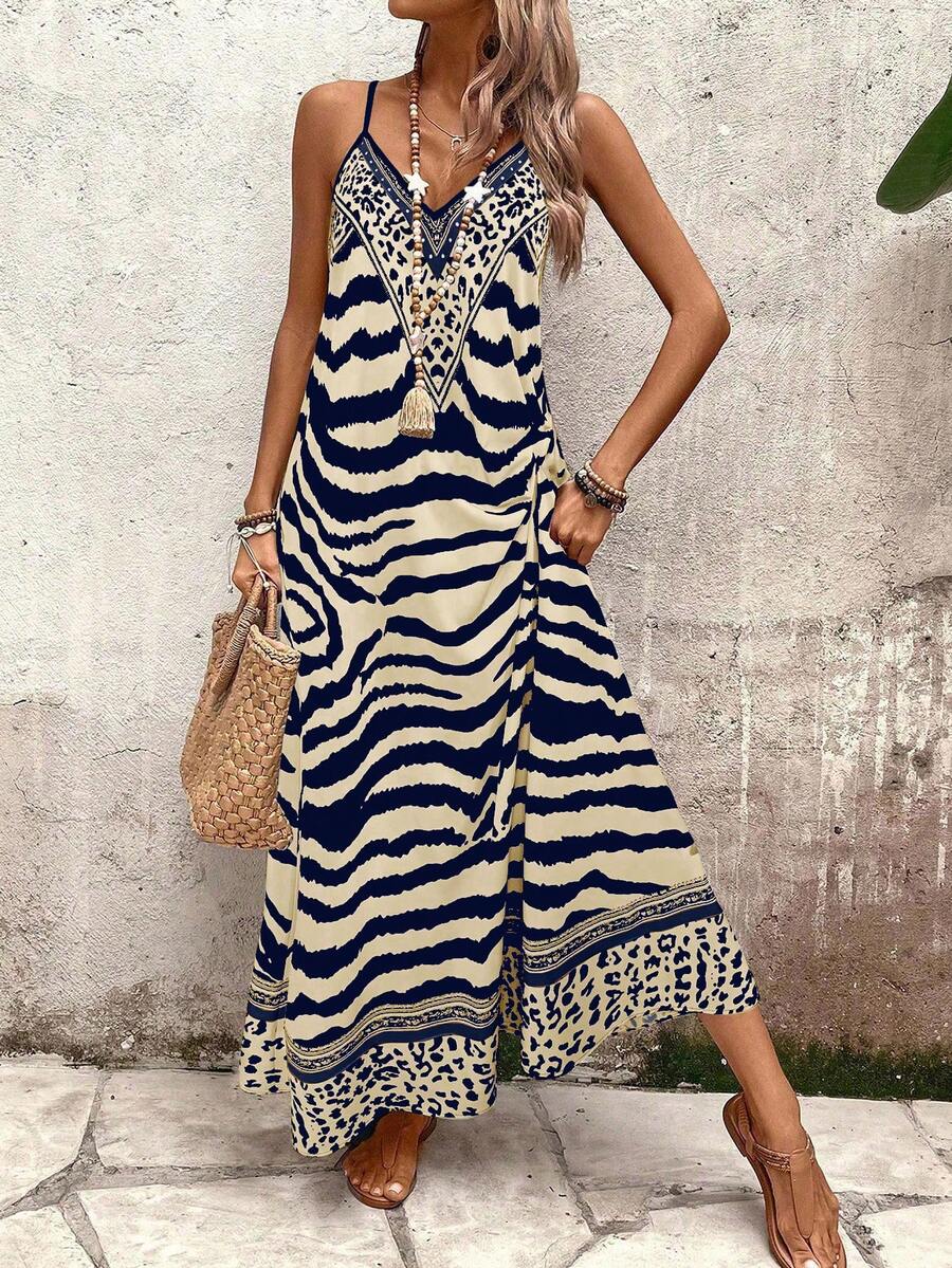 Vestido Longo Estampa de Onça com Alças Finas
