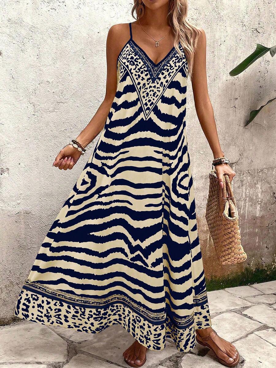 Vestido Longo Estampa de Onça com Alças Finas