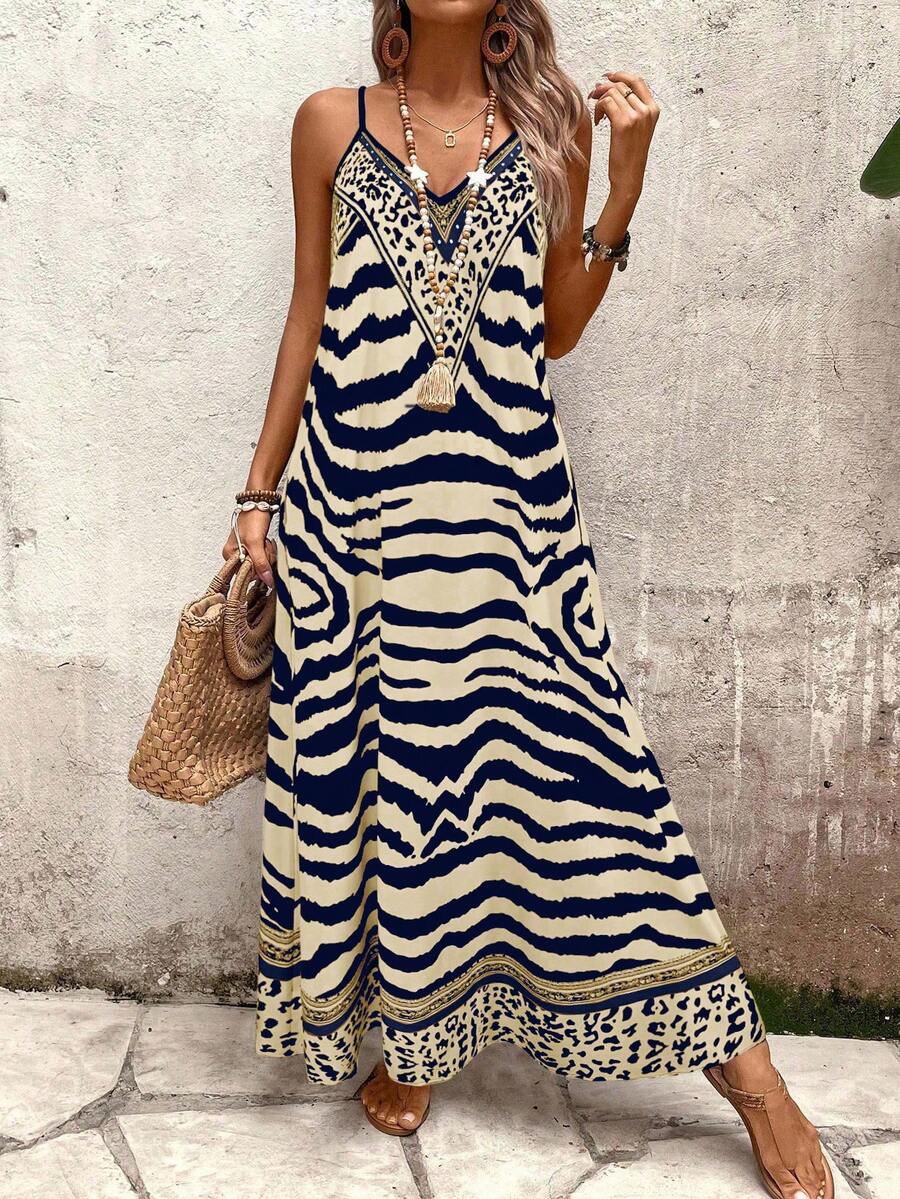 Vestido Longo Estampa de Onça com Alças Finas