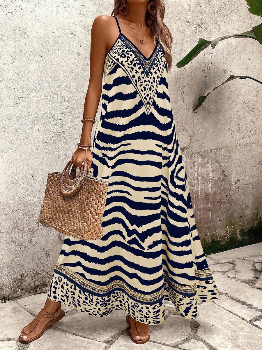 Vestido Longo Estampa de Onça com Alças Finas