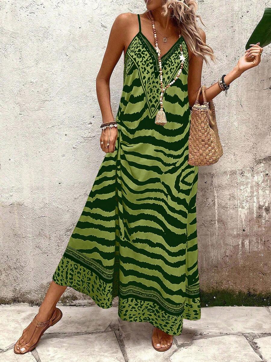 Vestido Longo Estampa de Onça com Alças Finas