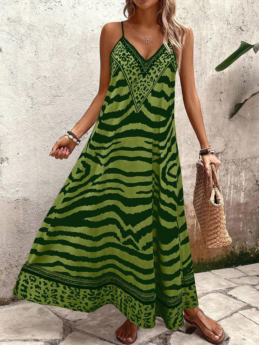 Vestido Longo Estampa de Onça com Alças Finas